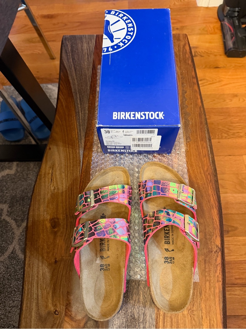 Birkenstock Two-Strap Sandals in Neon Pink Multi-Color Mosaic